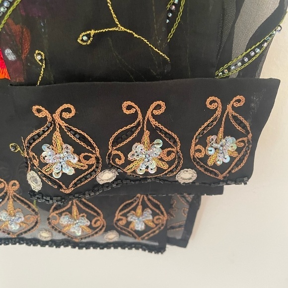 Black Sheer Open Front Long Jacket Blazer Embroidered Beading Stunning Floral M - Picture 4 of 10